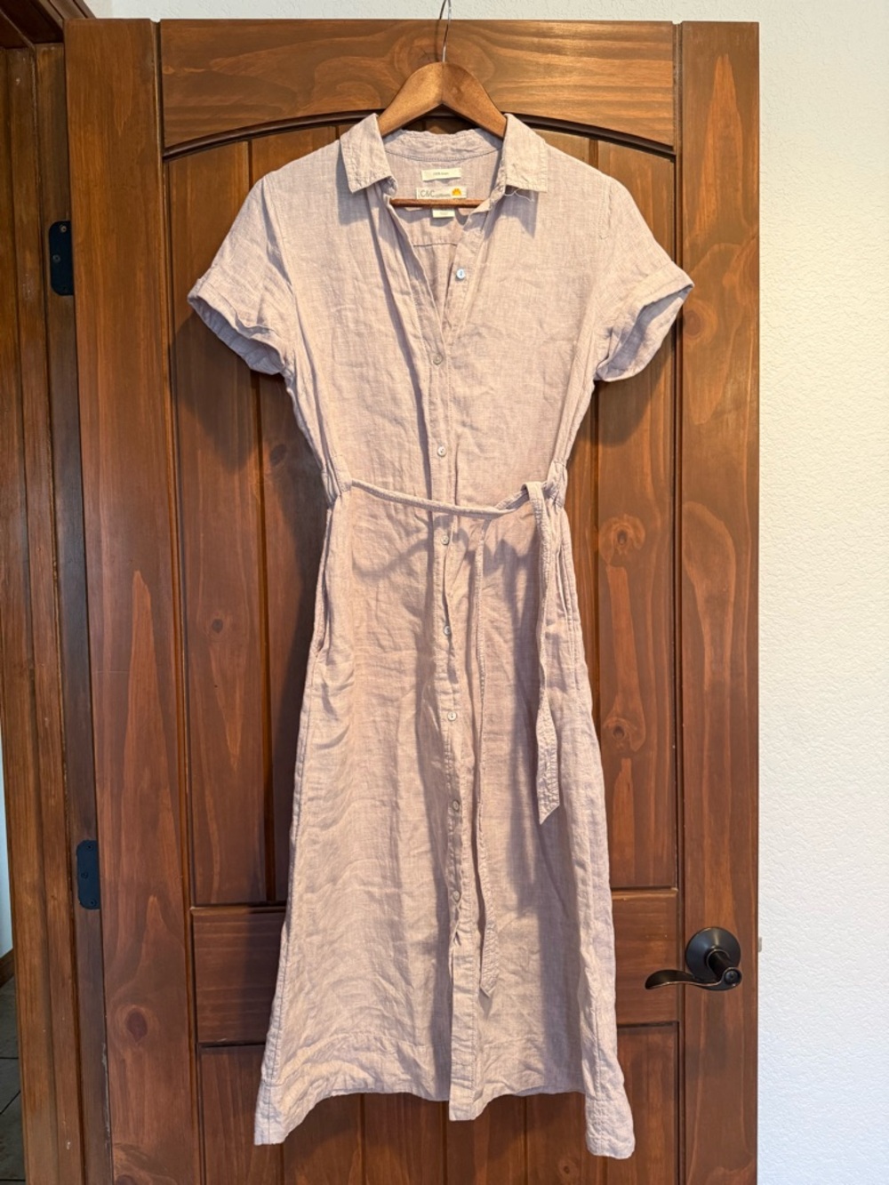 C&C California Light gray Linen Midi Shirt Dress with Tie Waist. MISSING BUTTON